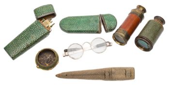 A mixed lot of collectables: including a small 19th Century two-draw telescope with wood covered