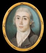 English School late 18th Century- A miniature portrait of a young man, head and shoulders,