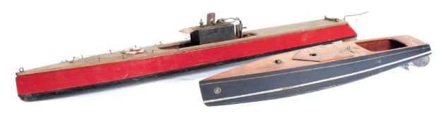 A live steam river launch:, with single prop, red and black hull, 92cm long,