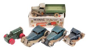 Two Tri-ang Minic tinplate clockwork saloon cars:, in blue ,