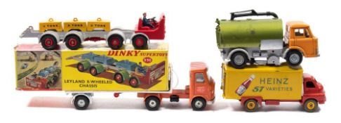 A group of four Dinky Commercial vehicles:, Big Bedford in 'Heinz' livery, Johnson's Road Sweeper,