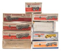 A group of nine empty Dinky boxes:, including Foden 14-Ton Tanker (504) and Articulated Lorry (921).