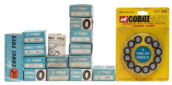 A collection of Corgi Tyres in boxes together with a blister pack set of 12 'Take-Off Wheels'.