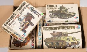 Tamiya, a collection of military 1/35 scale model kits:, including an Abrahams M-1 Tank,