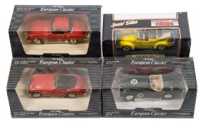Three Ertel 1/18th scale model sports cars and a Maisto 1/18th scale Volkswagen Beetle cabriolet:,