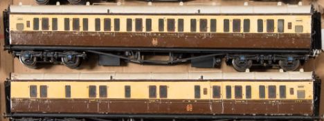 A pair of scratch built GWR passenger coaches:, cream and brown,