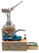 Metta (USSR) tinplate crane truck:, blue cab and chassis with blue and white crane cab,