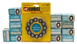 A collection of Corgi Tyres in boxes together with a blister pack set of 12 'Take-Off Wheels'.