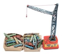 A Post -War DGBM West German tinplate clockwork crane:, blue tower over red and yellow base,