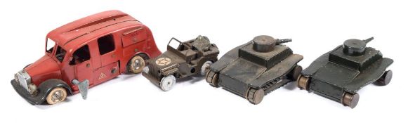 A Tri-ang Minic tinplate clockwork US Army Jeep:, together with two tanks and a Fire engine,