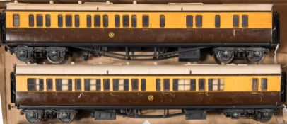 A pair of scratch built GWR passenger coaches:, cream and brown,