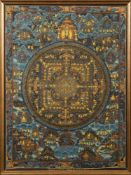 A Nepalese buddhistic thangka: centred with a seated Buddha,