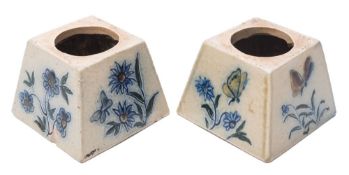 A pair of Martin Brothers salt glazed stoneware inkwells: of tapering square profile,