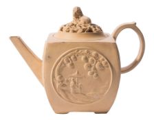 A John Turner caneware teapot and cover: in oriental style, the reticulated cover with lion finial,