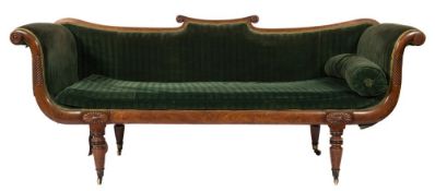 A Regency carved mahogany scroll end settee:,