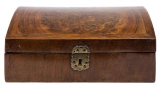 A walnut and yew domed casket and an oak miniature table candlestand: the latter on bobbin turned