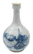 An English blue and white delftware water bottle: painted overall with an extensive Chinese lake