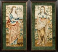 A pair of early 18th century silk pictures: depicting semi-naked females dressed in flowing robes
