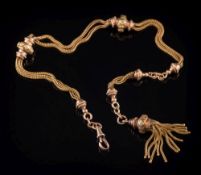 WITHDRAWN A lady's 19th century two-colour gold Albertine with tassel drop,: 20gms gross weight.