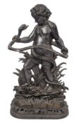 A cast iron umbrella stand,: in the form of a standing figure of a cherub holding a snake,