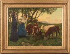 William Gunning King [1859-1940]- Feeding the Calves:- signed bottom right oil on canvas 58 x 82cm.