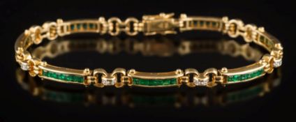 An emerald and diamond mounted line bracelet: with calibre-cut emerald,