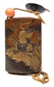 A Japanese four case lacquer inro by Jitokusai Gyokuzan: decorated with a mountain cat with inset