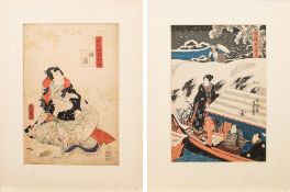 After Toyokuni III (1786 - 1864), two woodblock prints: Prince Genji seated in traditional costume,