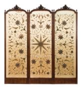 A late 19th Century carved mahogany three-fold screen:,