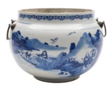 A Chinese porcelain bowl: of squat globular form painted in blue with a panel containing two