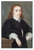 Dutch School- A miniature portrait of a 17th Century gentleman, half length standing,