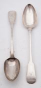 A pair of William IV Scottish silver fiddle pattern serving spoons, maker William Fillon & Co,