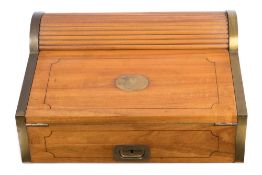 A 19th century camphor wood and brass bound campaign writing slope: the pull front frieze drawer