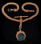 A 9ct gold curb-link fob chain: with attached T-bar and 9ct gold black onyx and bloodstone swivel