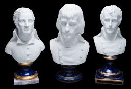 Three French bisque portrait busts: two of Napoleon Bonaparte and one other,