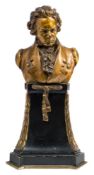 After Eugen Bormel ( German 1858-1932), a gilt bronze bust of Ludwig van Beethoven: signed E.