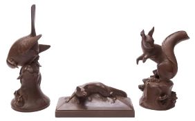 A group of three Meissen 'Bottger' red stoneware models: of a bird and toad on a tree stump