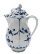 A Lowestoft blue and white milk jug and cover: of baluster form with flower bud finial and grooved