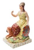 A late Staffordshire pottery portrait group of Britannia: seated with helmet and shield in a floral