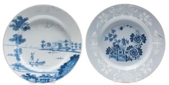 Two English blue and white delft ware plates: one painted with an extensive lake landscape,