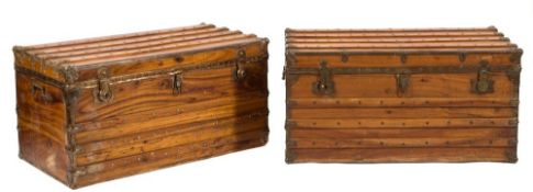 A pair of camphorwood and metal bound rectangular blanket chests,