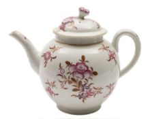 A First Period Worcester teapot and cover: of globular form with flower finial painted in puce,