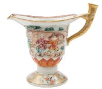 A Chinese export famille rose porcelain jug: of helmet shape, painted with figures on a terrace,