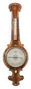 A rosewood Victorian wheel barometer: the nine-inch round silvered dial having a blued steel hand