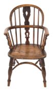 A child's 19th Century elm, ash and beechwood stick back Windsor elbow chair:,