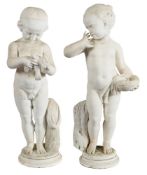 A pair of 19th century marble statues: of a young boy with a bird and a young girl with a birds'