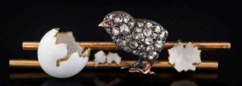A late 19th/early 20th century 'hatched chick' motif bar brooch: the chick pave-set with rose-cut