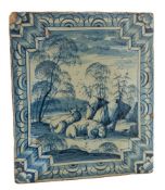 WITHDRAWN A Continental blue and white tin-glazed stove tile: painted with a ram and ewe in an