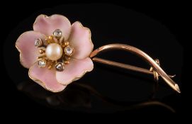 A pink enamelled, rose diamond and cultured pearl-set flowerhead brooch,: 35mm long,