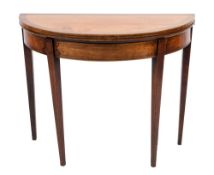 A George III mahogany, satinwood and inlaid half round card table:,